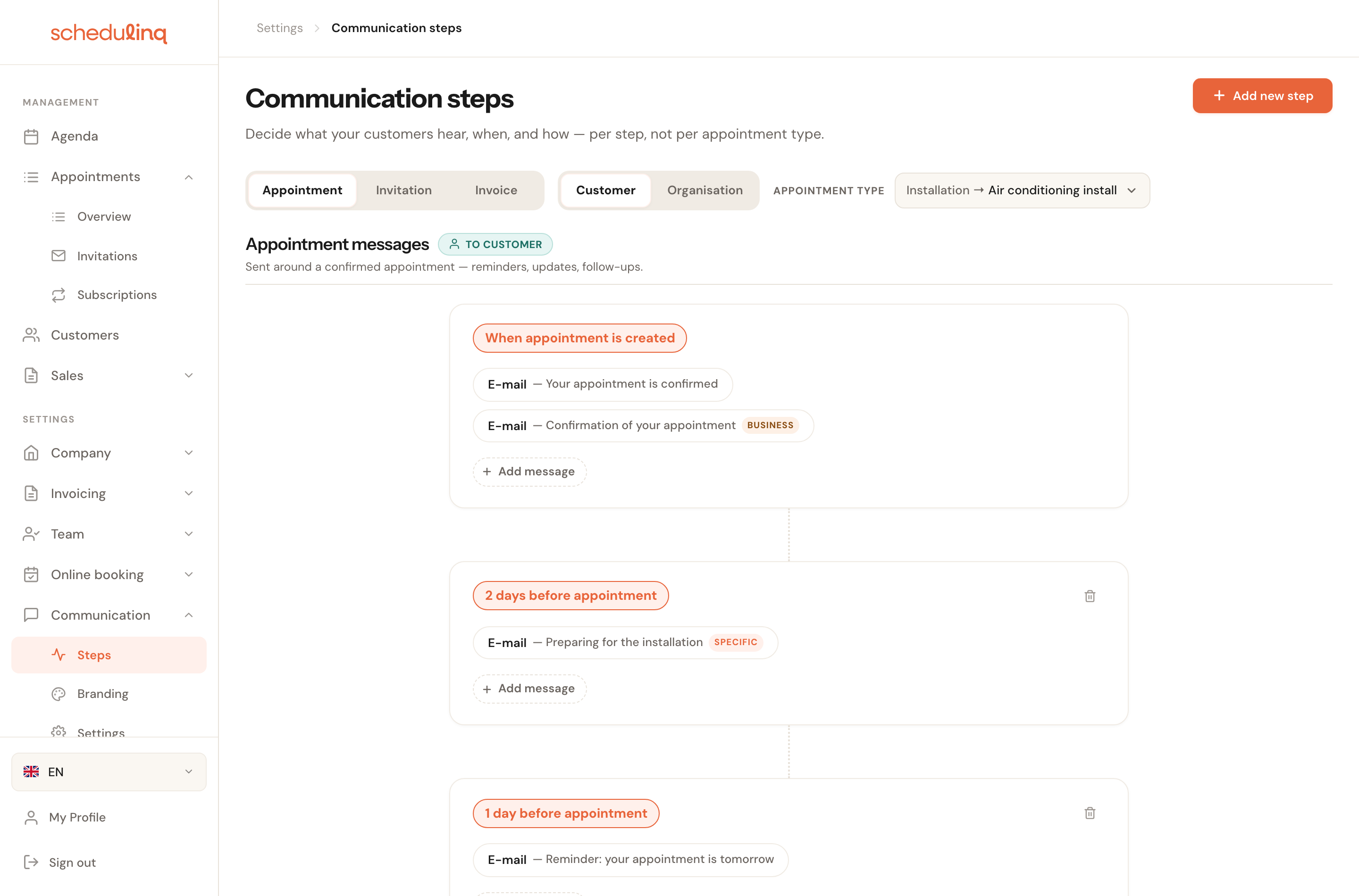 The overview filtered to one appointment type, showing a message that applies only to that type.