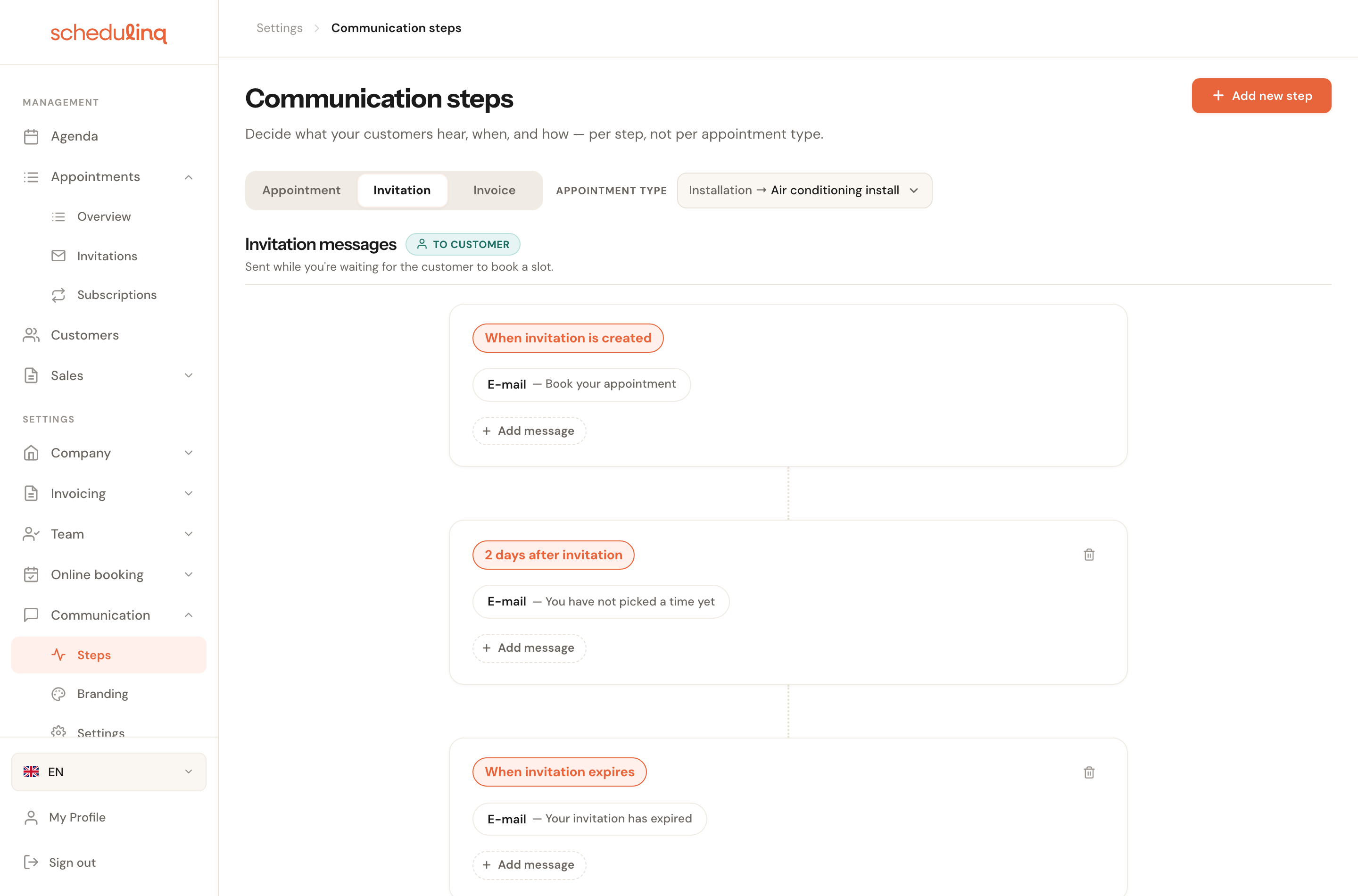 The Invitation flow: the invitation itself, a reminder and its expiry.