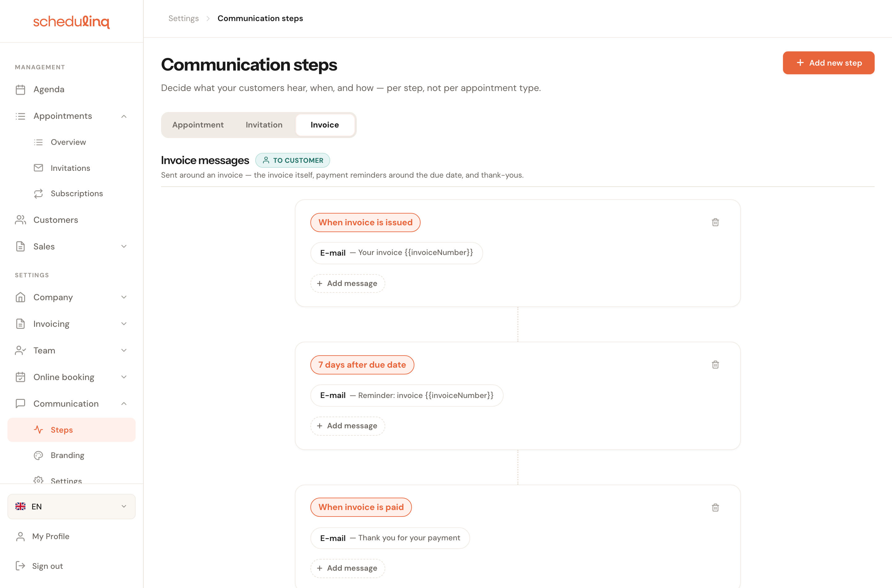 The Invoice flow: the invoice itself, a payment reminder and a confirmation on payment.