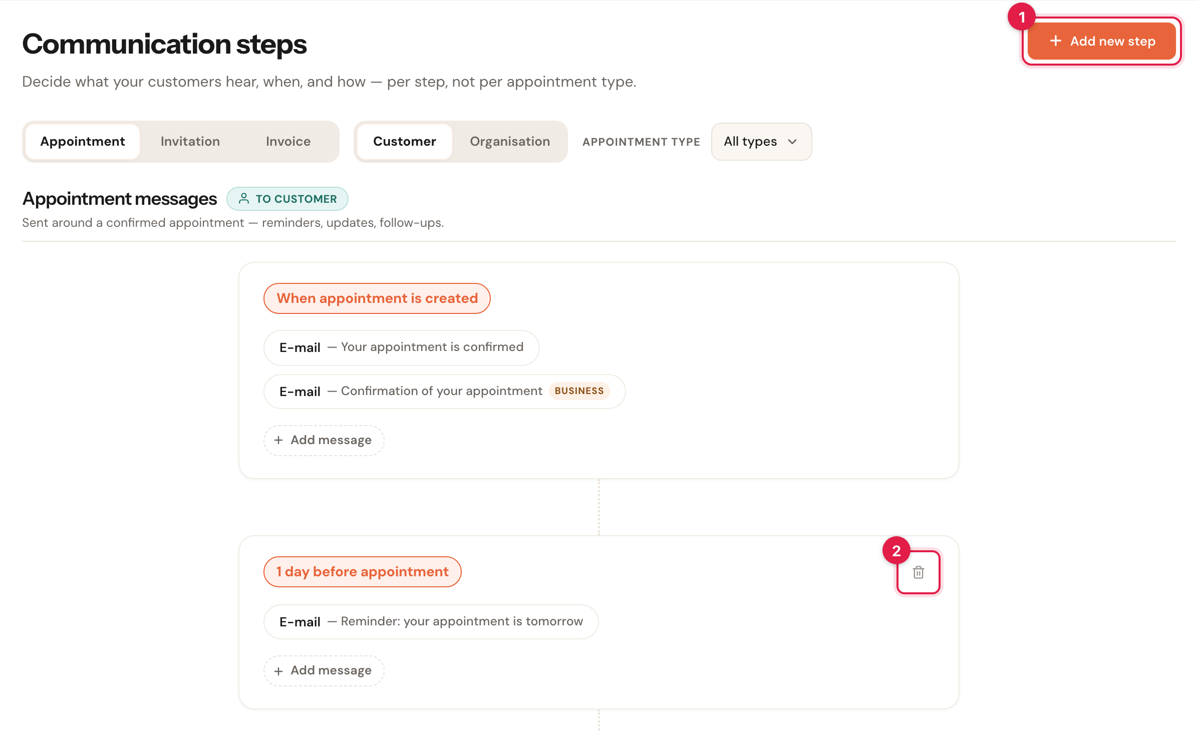 The Communication steps page: the Add new step button at the top right is marked 1, the bin on the 1 day before appointment card is marked 2.