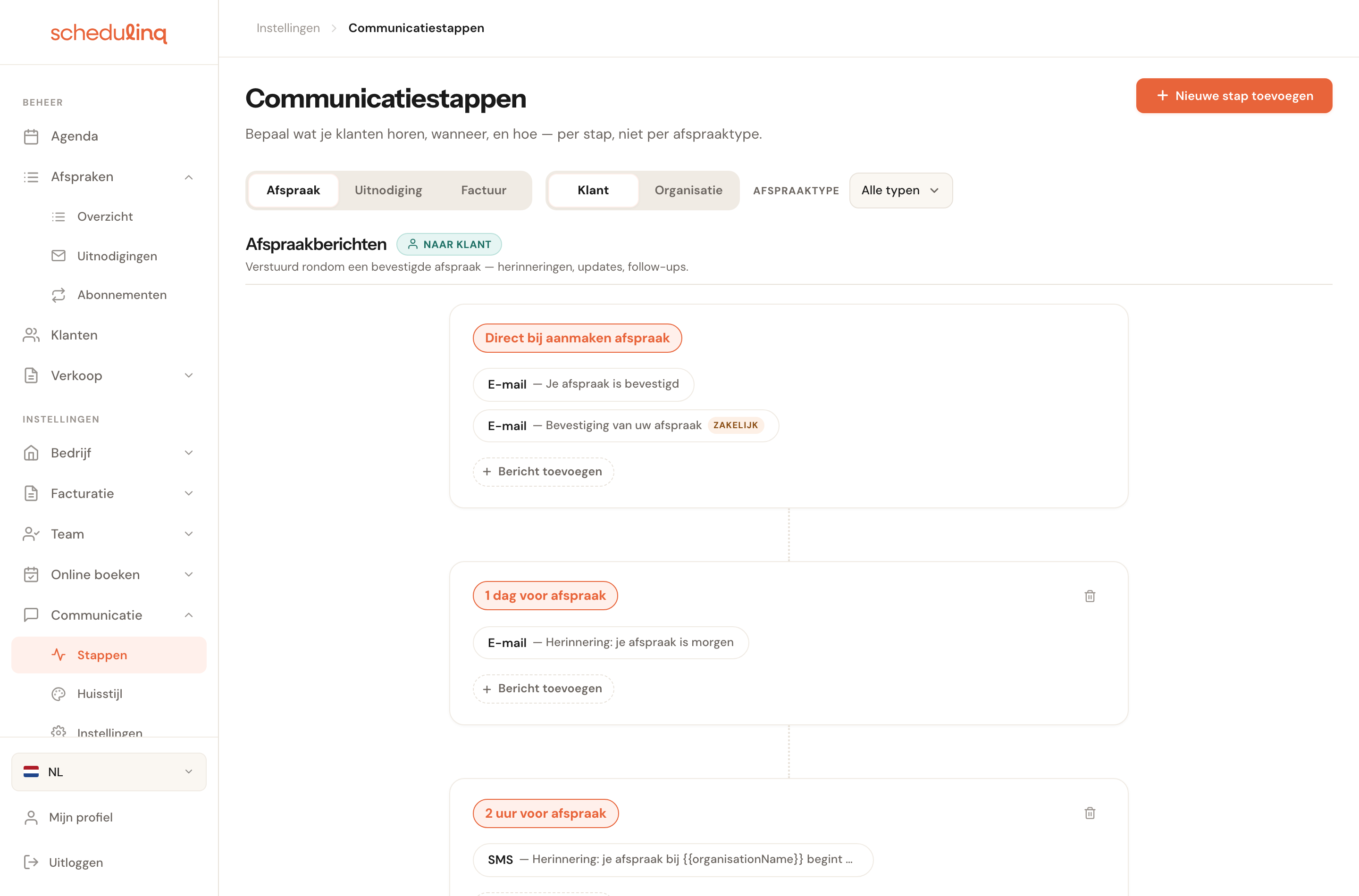 Het scherm Communicatiestappen met de tijdlijn van berichten rond een afspraak.