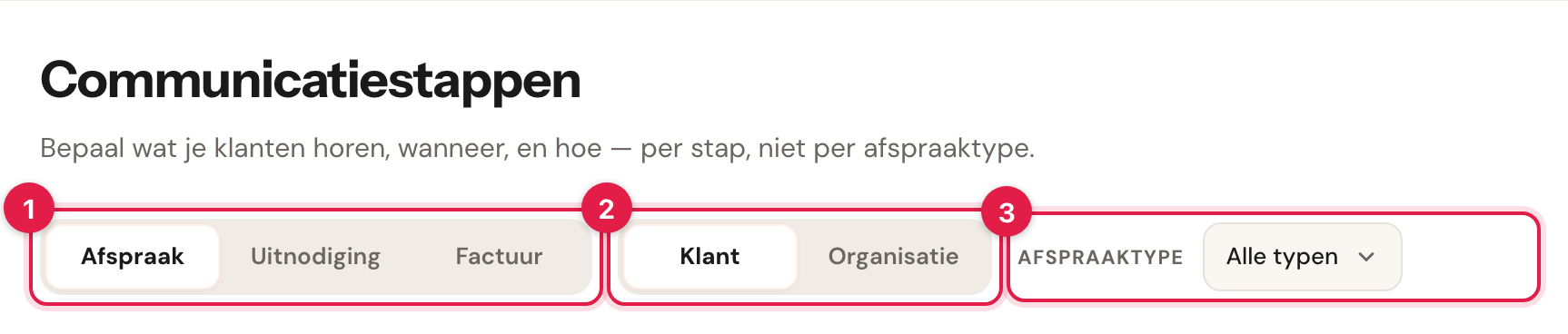 De drie knoppenrijen bovenaan: stroom, ontvanger en afspraaktype.