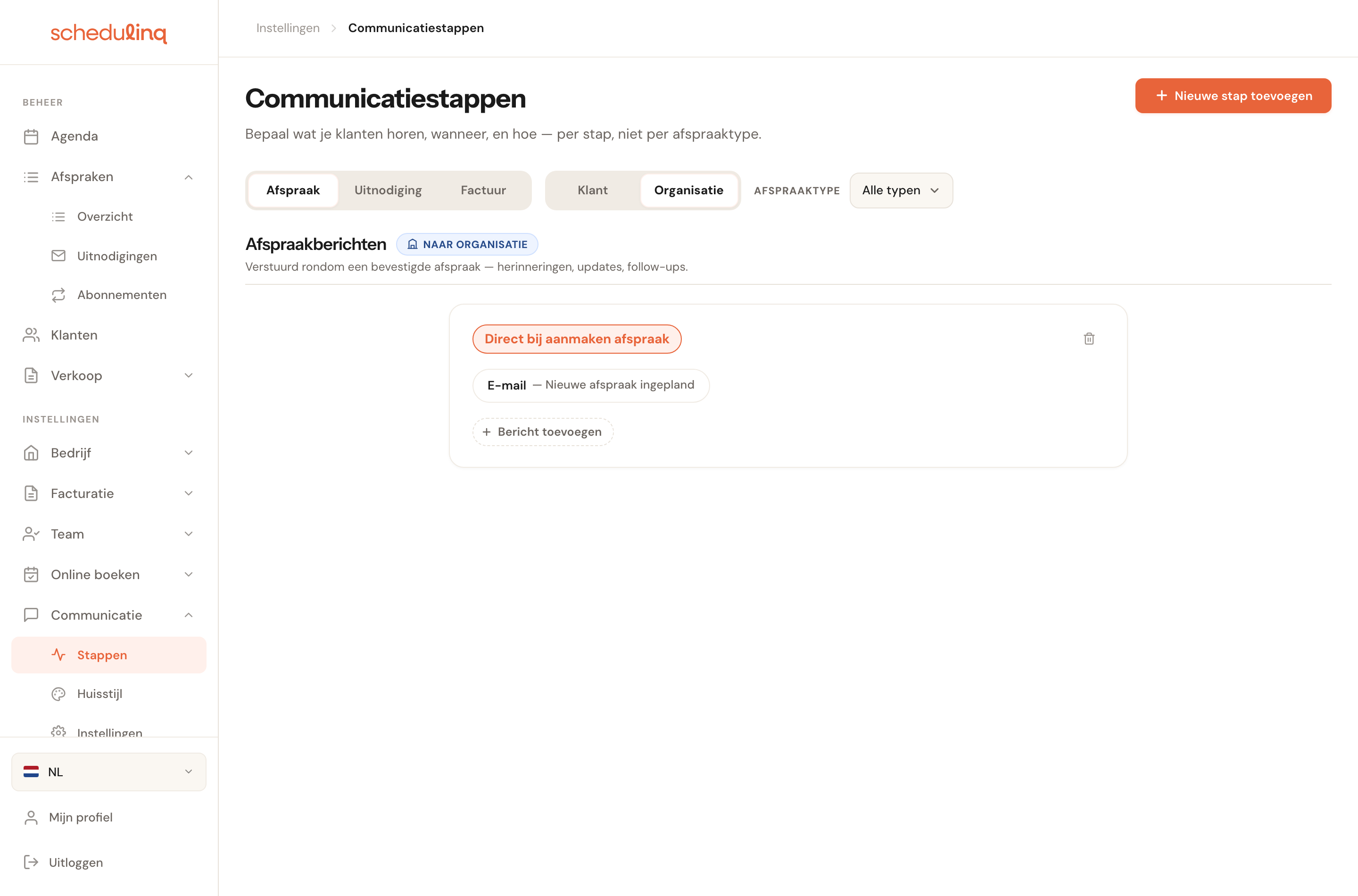 Dezelfde stroom, nu met de ontvanger op Organisatie: één interne melding bij een nieuwe afspraak.
