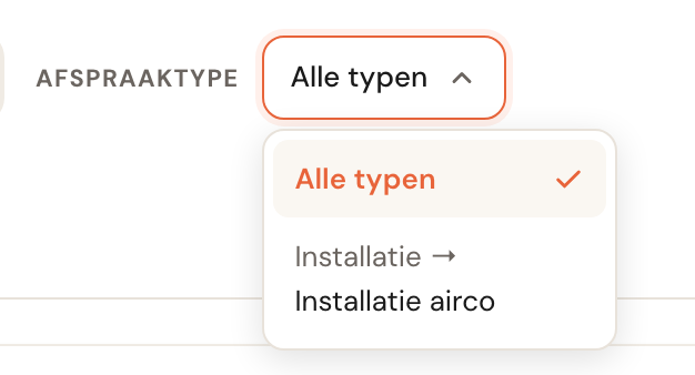 Het filter Afspraaktype met de lijst diensten opengeklapt.