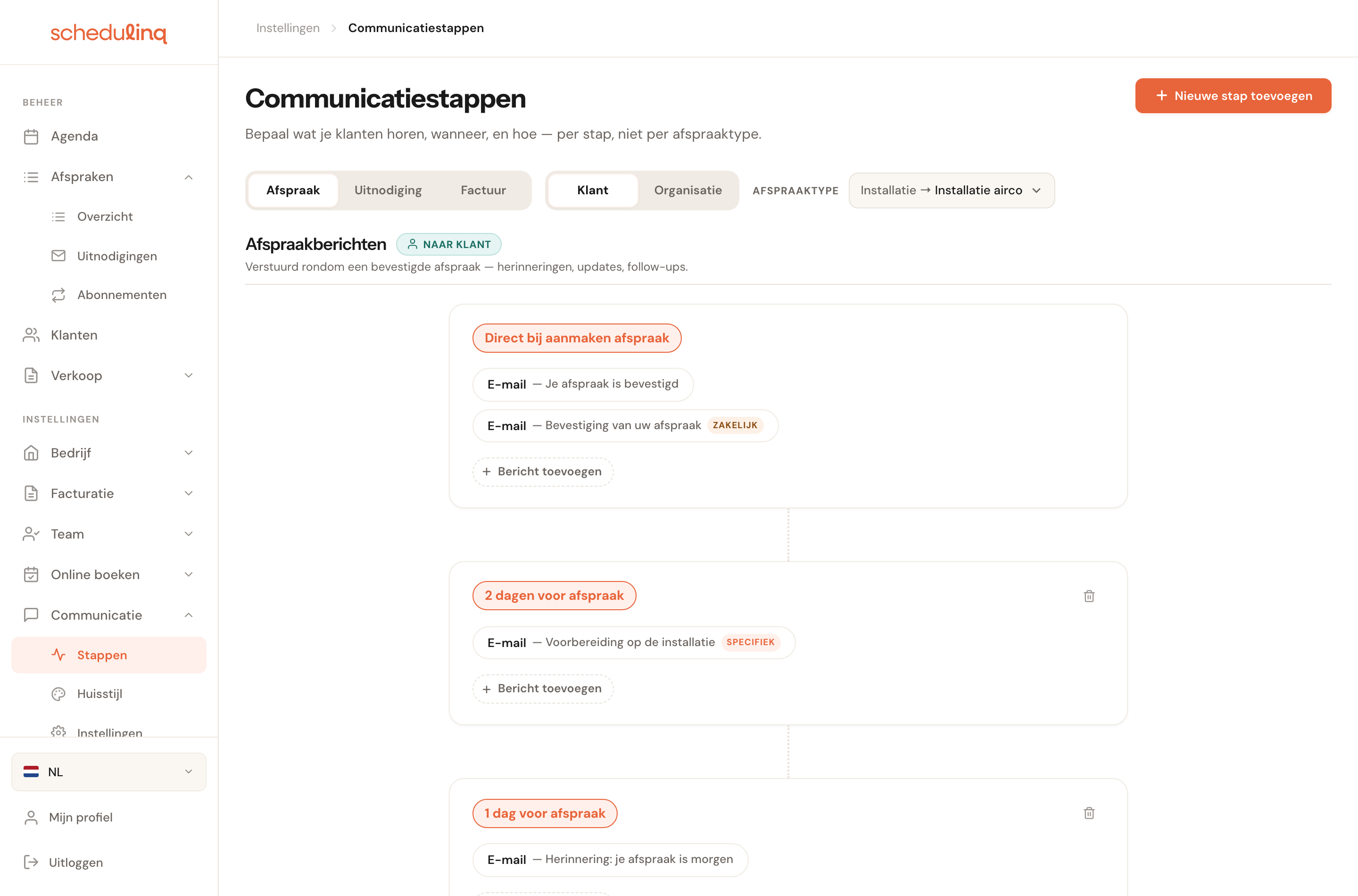 Het overzicht gefilterd op één afspraaktype, met een bericht dat alleen voor dat type geldt.