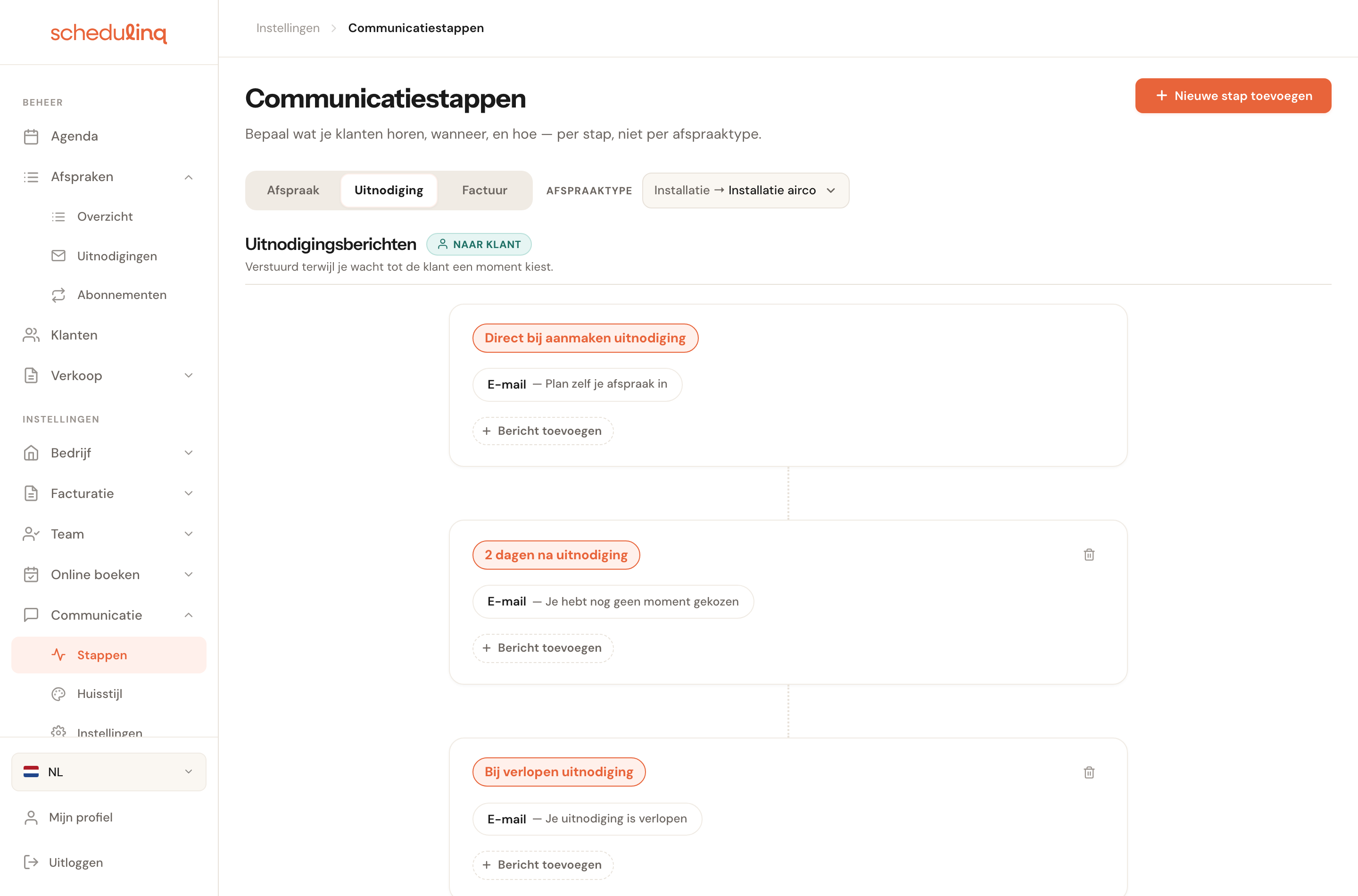 De stroom Uitnodiging: de uitnodiging zelf, een herinnering en het verlopen ervan.