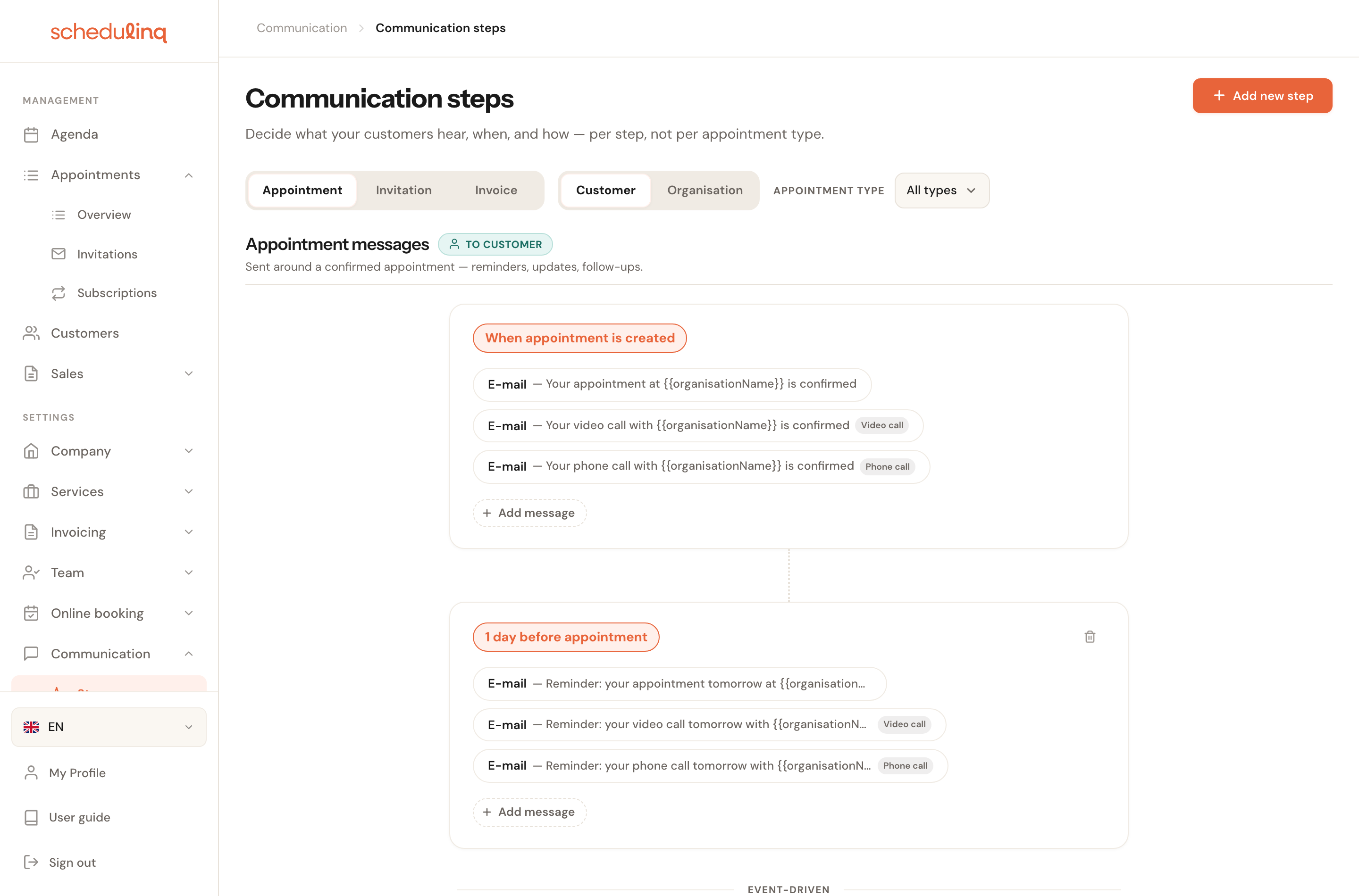 The appointment communication steps, to the customer: when the appointment is created and one day before it, the ordinary e-mail sits beside an e-mail labelled Video call and one labelled Phone call in grey.