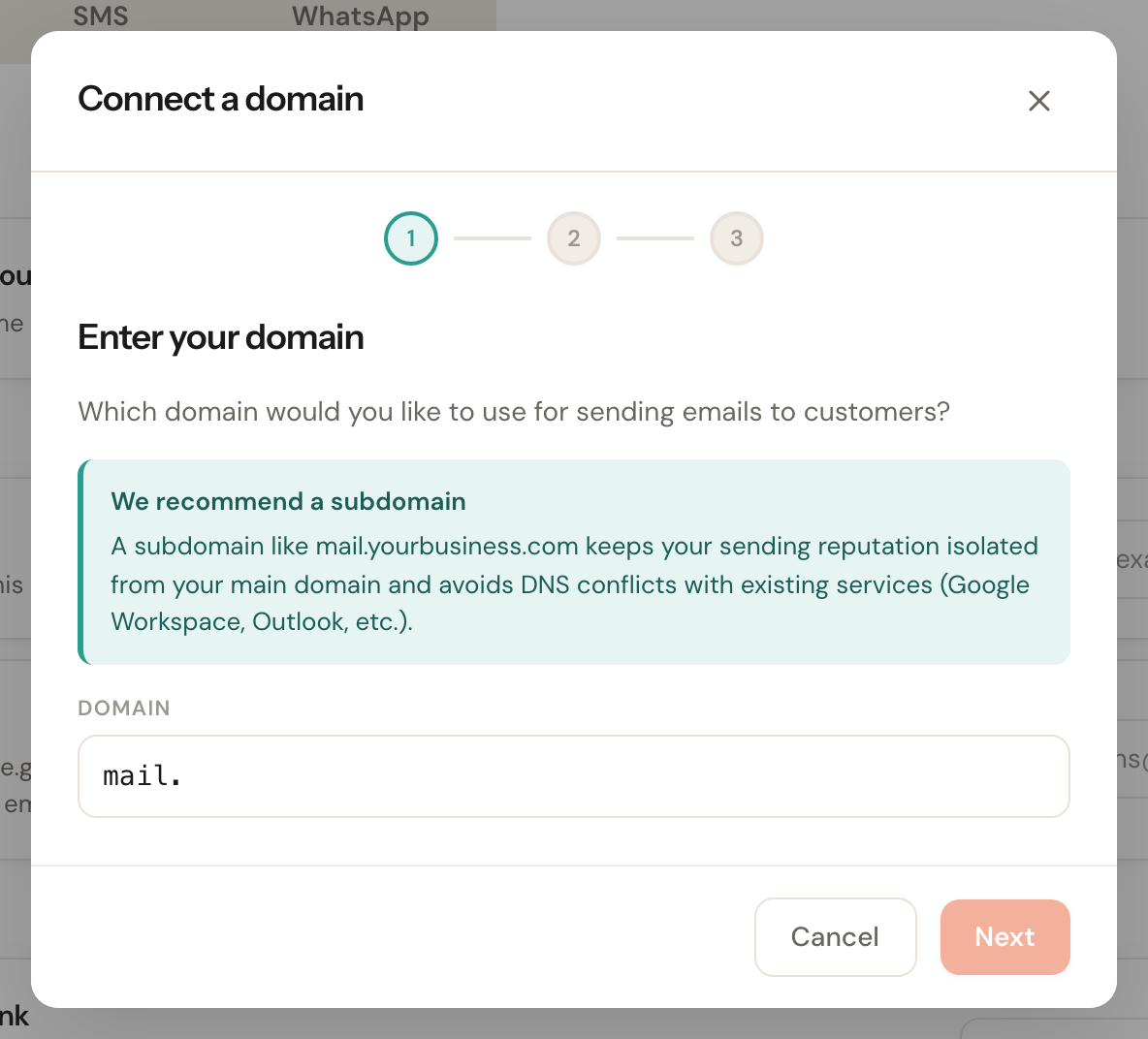 Step 1 of the wizard, with the subdomain tip and the domain field.