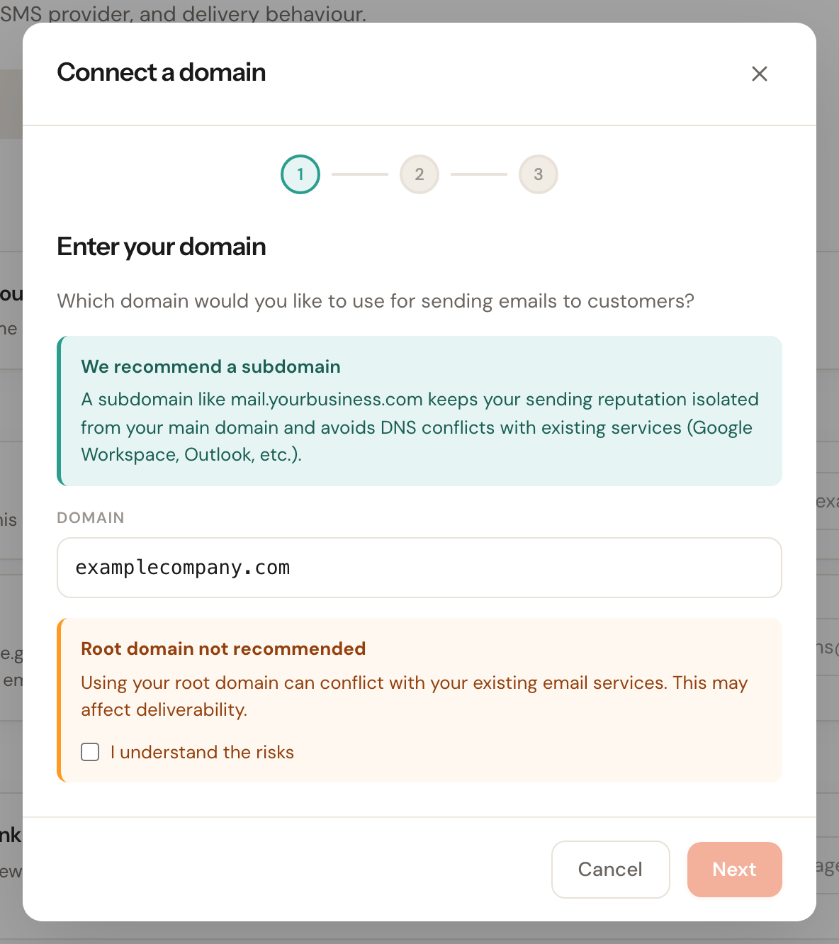 The root-domain warning with an 'I understand the risks' checkbox.