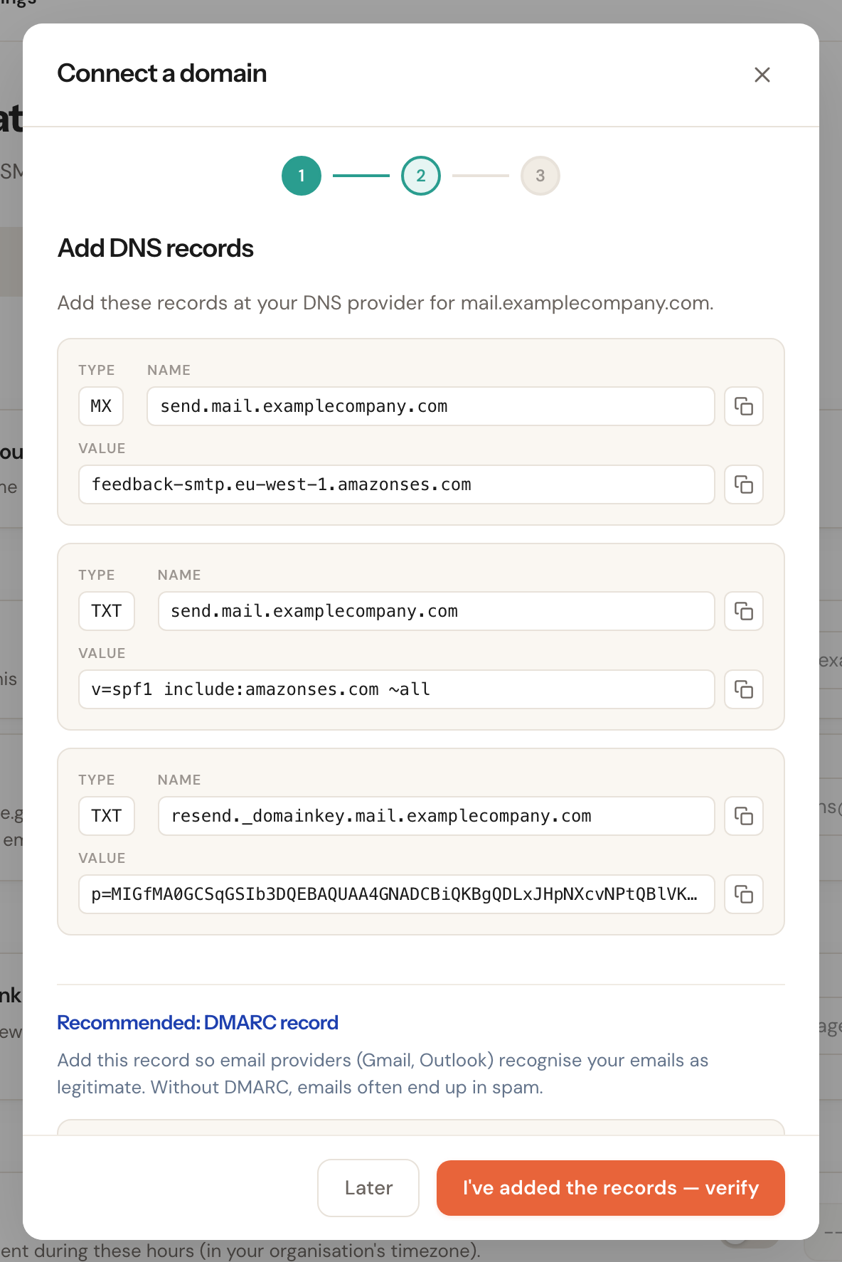 Step 2 of the wizard with the MX and TXT records and copy buttons.