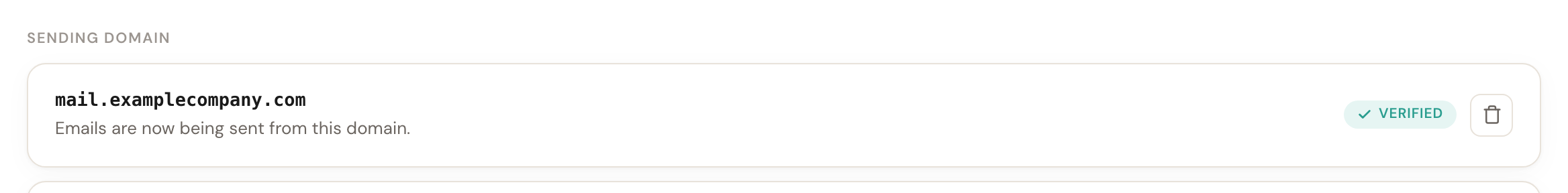 The Sending domain block with a verified domain and a delete button.