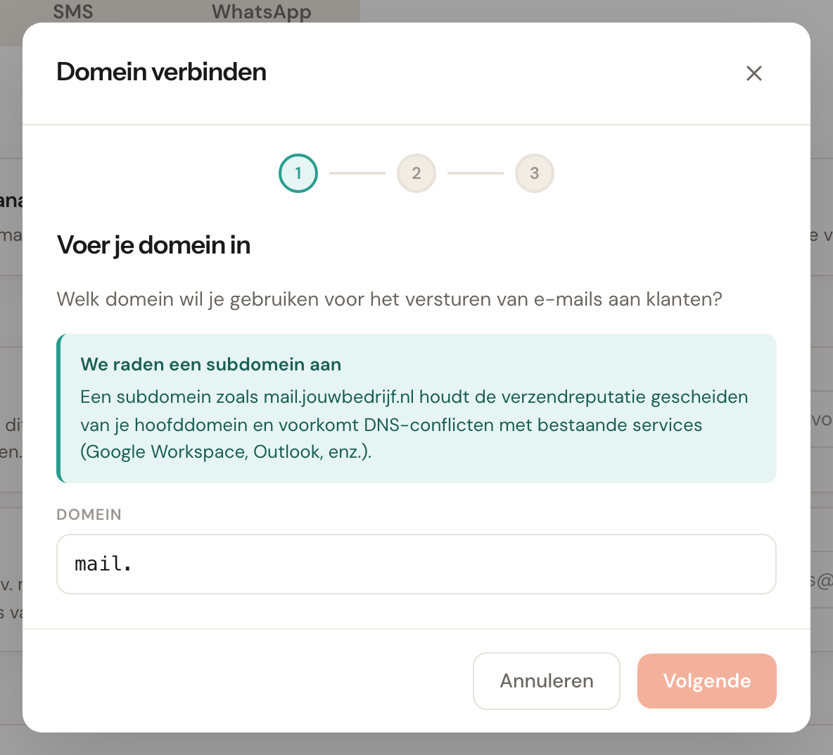Stap 1 van de wizard, met het tipblok over subdomeinen en het domeinveld.