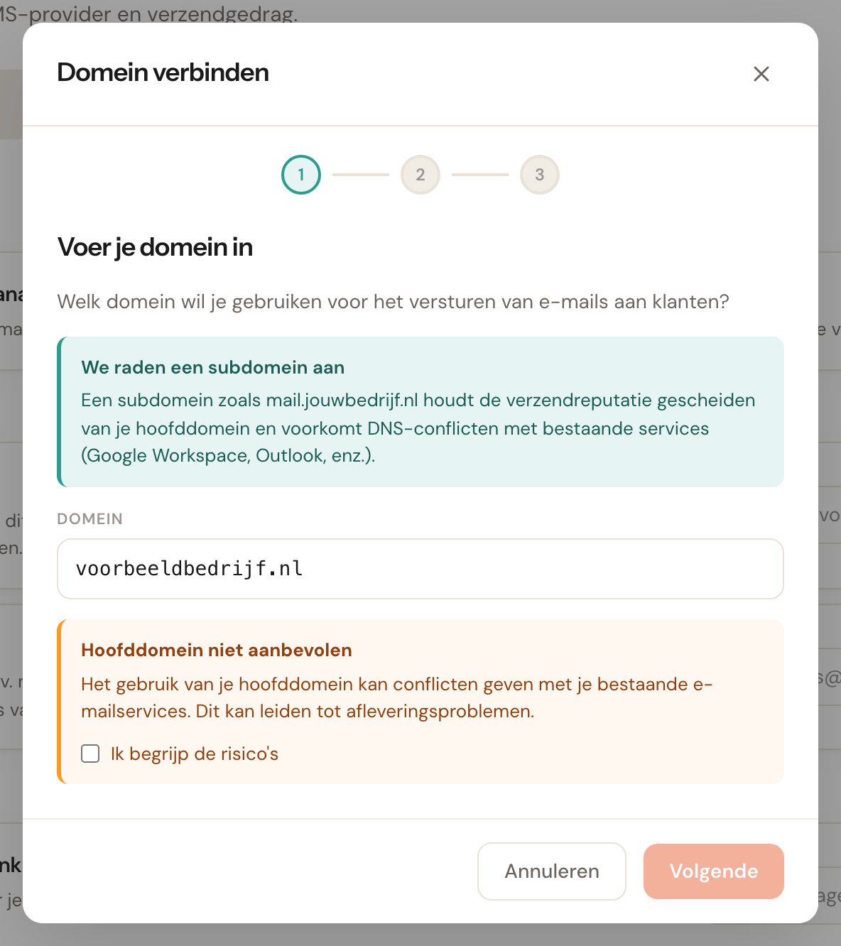 De waarschuwing over het hoofddomein met een vinkje 'Ik begrijp de risico's'.