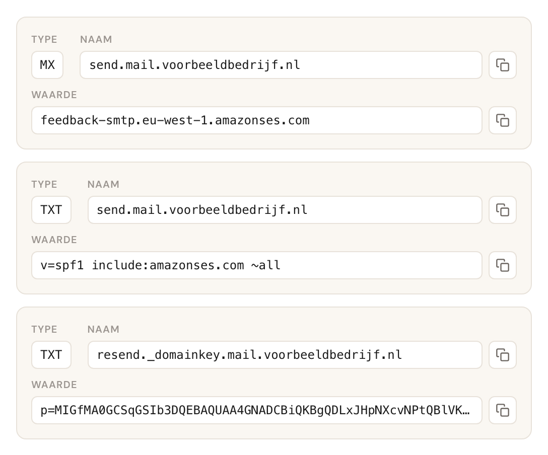 De drie DNS-records: een MX-record en twee TXT-records.