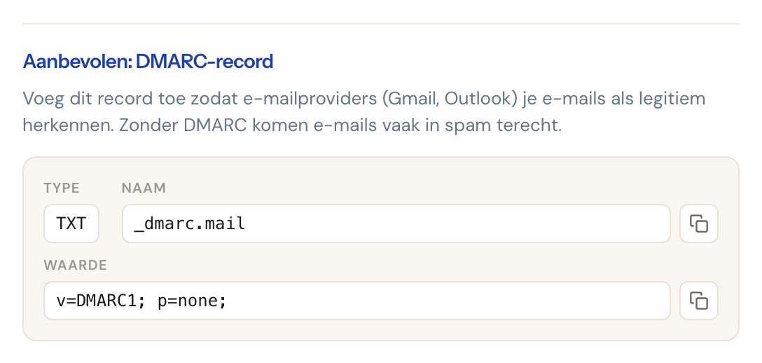 Het aanbevolen DMARC-record onder de verplichte records.