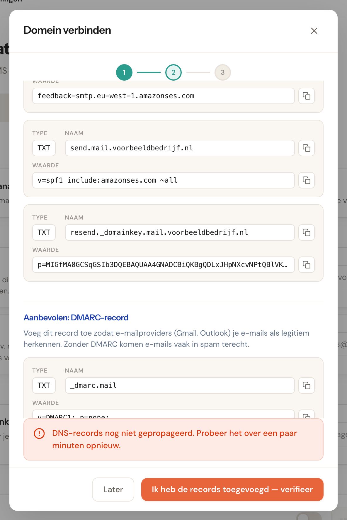 De melding dat de DNS-records nog niet gepropageerd zijn, onder in de wizard.