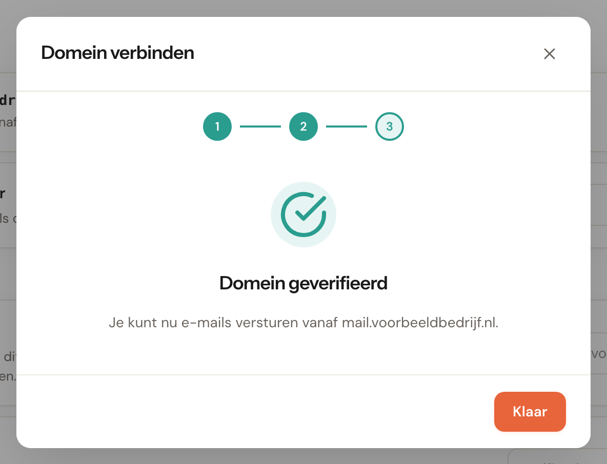Stap 3 van de wizard: het domein is geverifieerd.