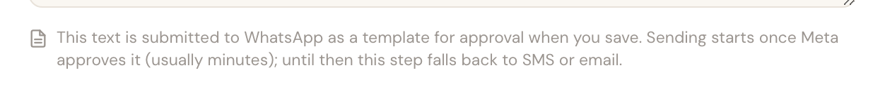 The notice that the text is submitted to WhatsApp as a template for approval.