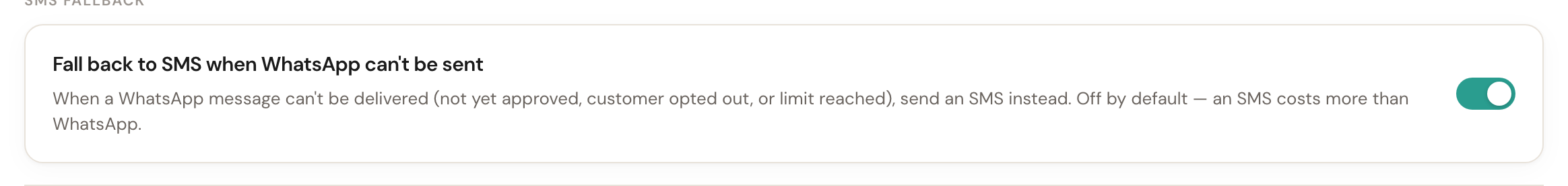 The setting to fall back to SMS when WhatsApp cannot be sent.