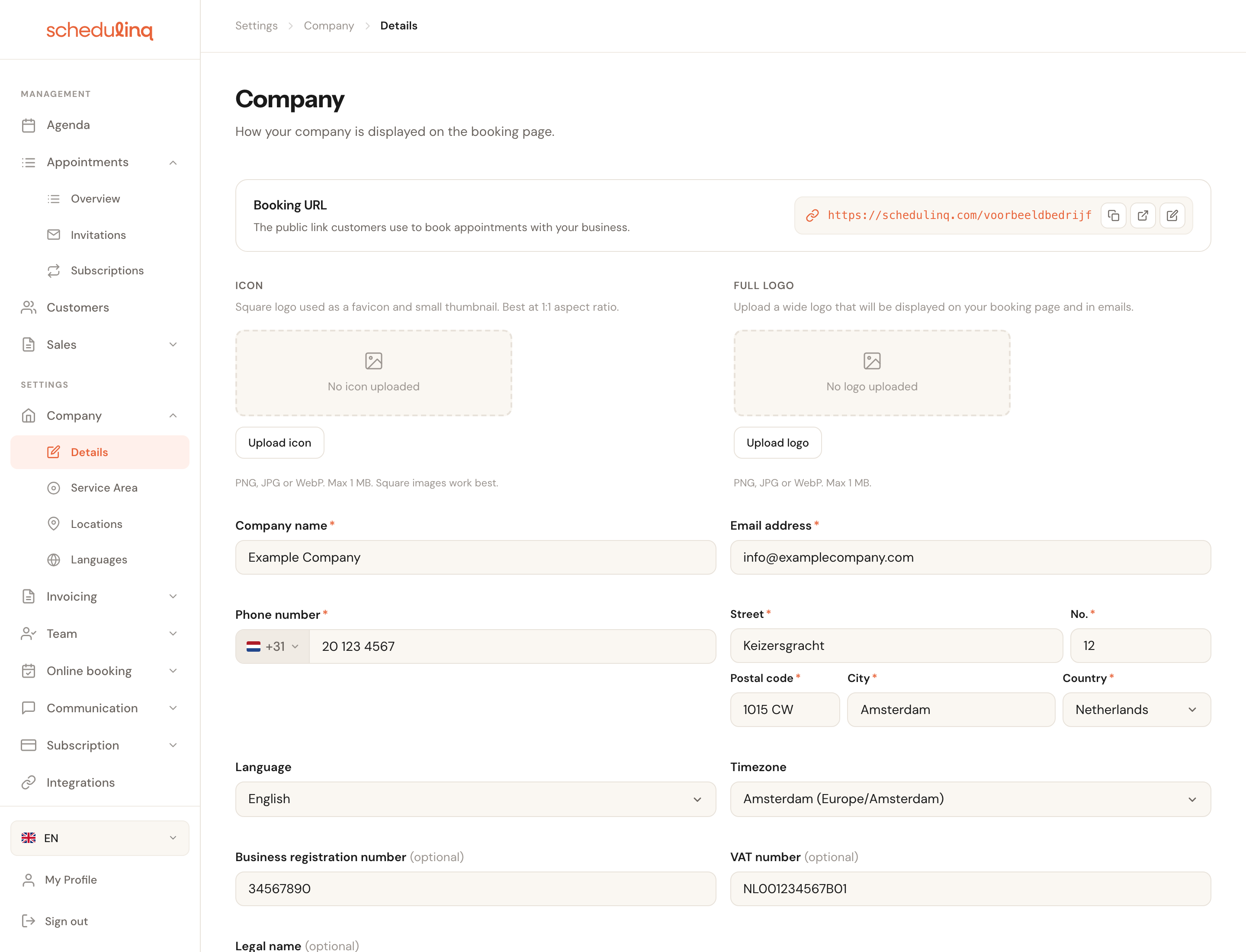 The Company screen with the booking URL at the top, the logos below it and the company details underneath.