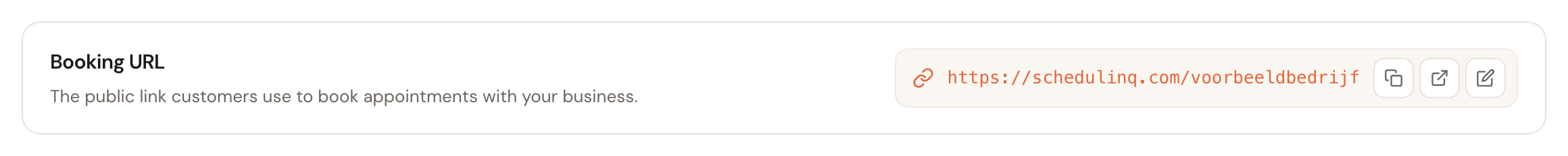 The Booking URL card with the full link and buttons to copy, open and change it.