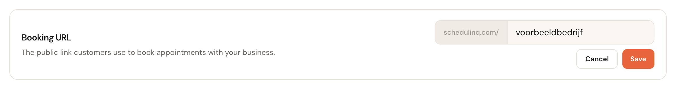 The booking URL in edit mode: a fixed schedulinq.com/ prefix followed by an input field.