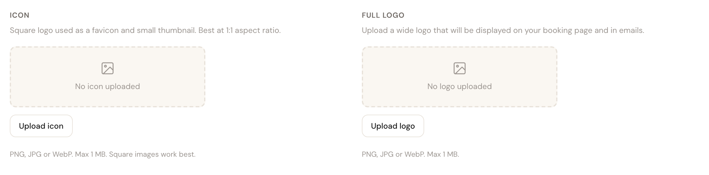 Two upload areas: Icon for a square logo and Full logo for a wide one.