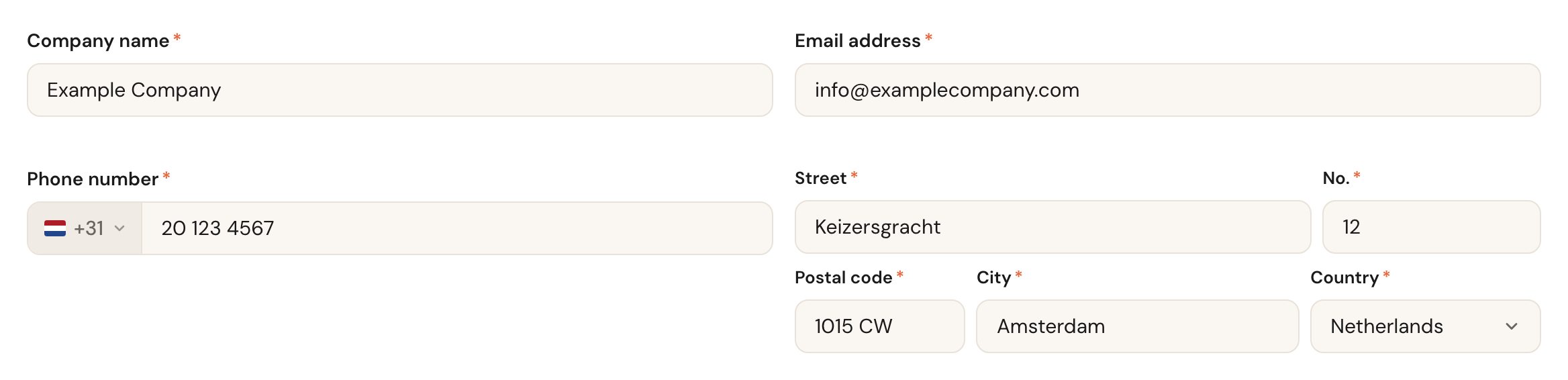 The Company name, E-mail address, Phone number and address fields.