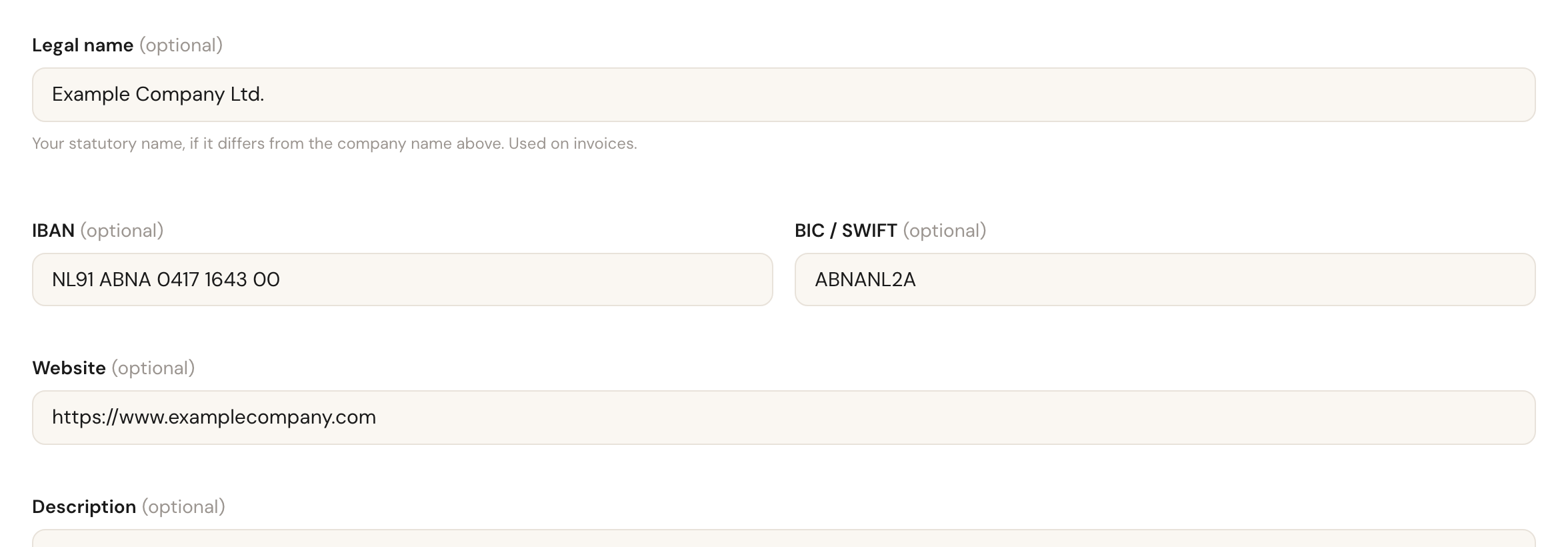 The Legal name, IBAN, BIC and Website fields.
