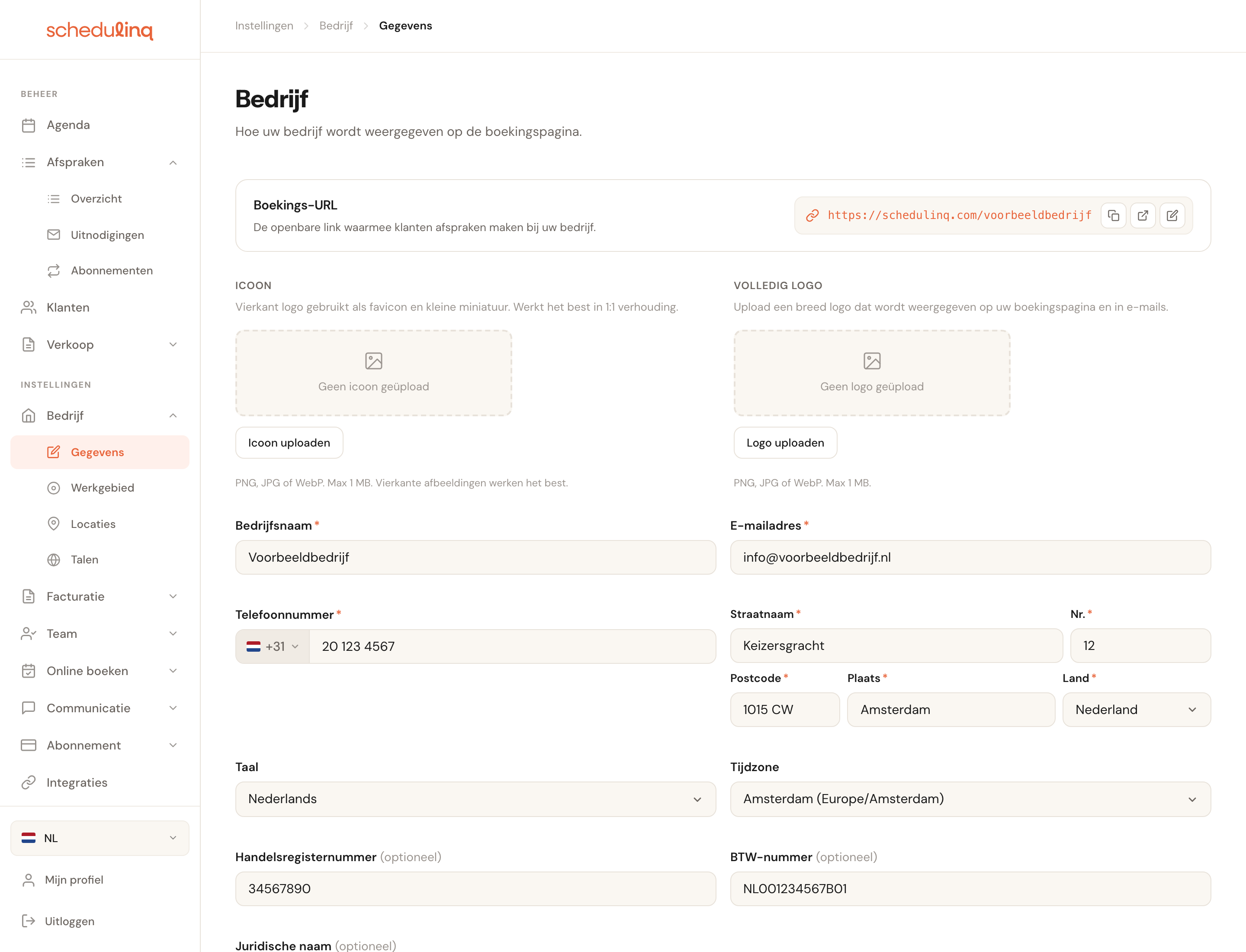 Het scherm Bedrijf met de boekings-URL bovenaan, daaronder de logo's en de bedrijfsgegevens.