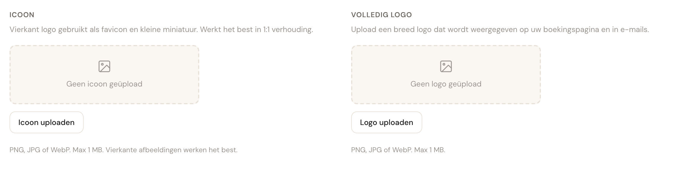 Twee upload-vlakken: Icoon voor een vierkant logo en Volledig logo voor een breed logo.