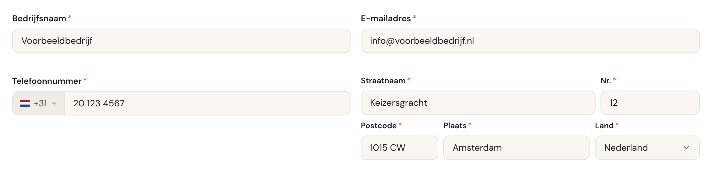 De velden Bedrijfsnaam, E-mailadres, Telefoonnummer en het adres.