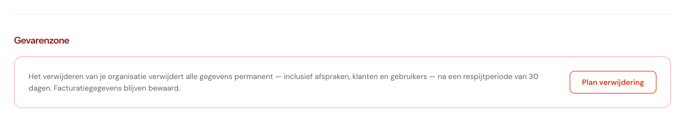De gevarenzone onderaan de pagina met de knop Plan verwijdering.