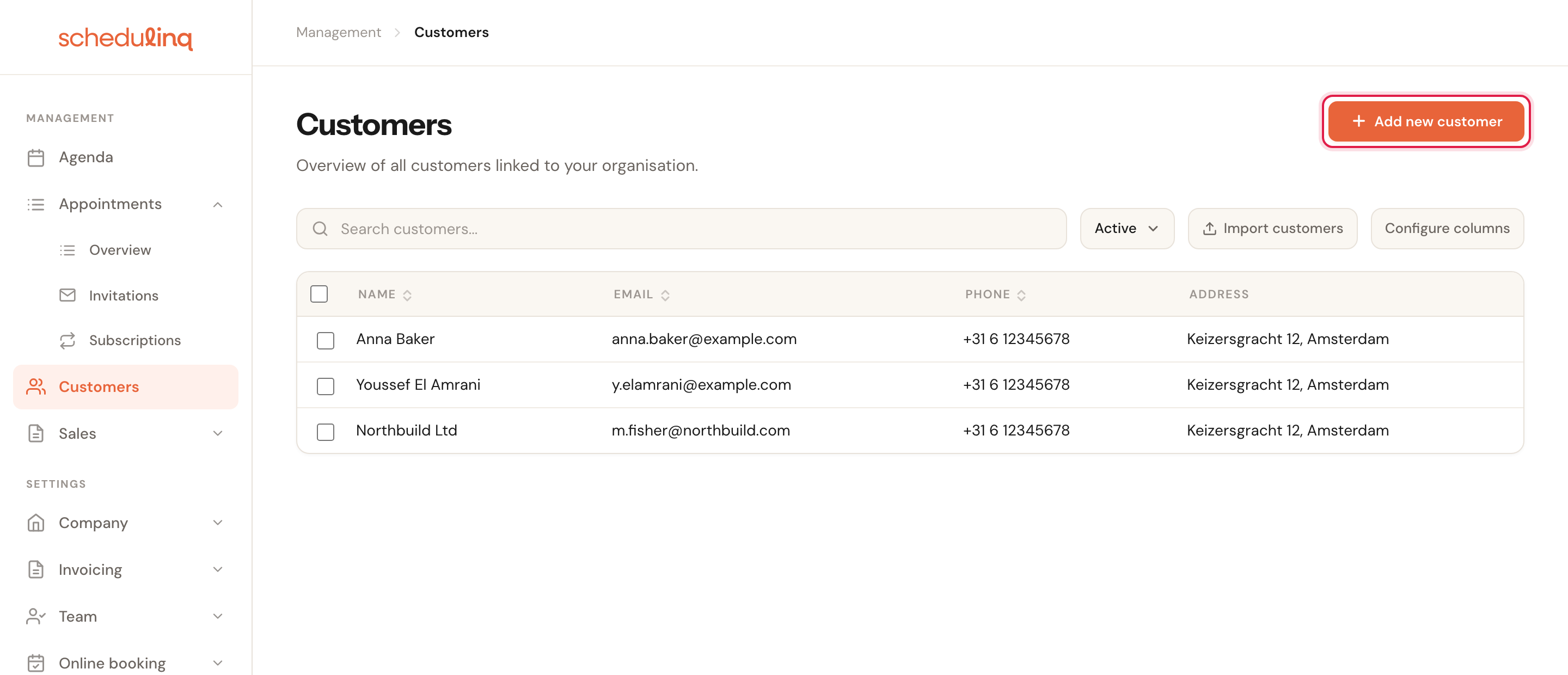 The customer overview with the Add new customer button highlighted at the top right.