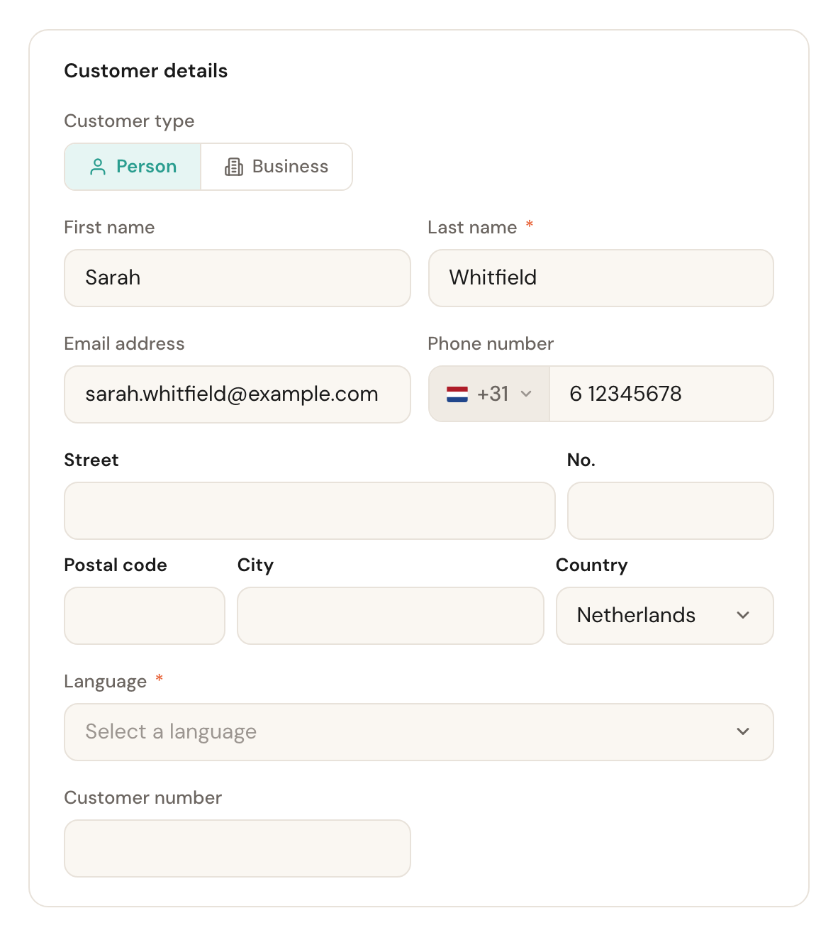 The completed customer form for a private customer.