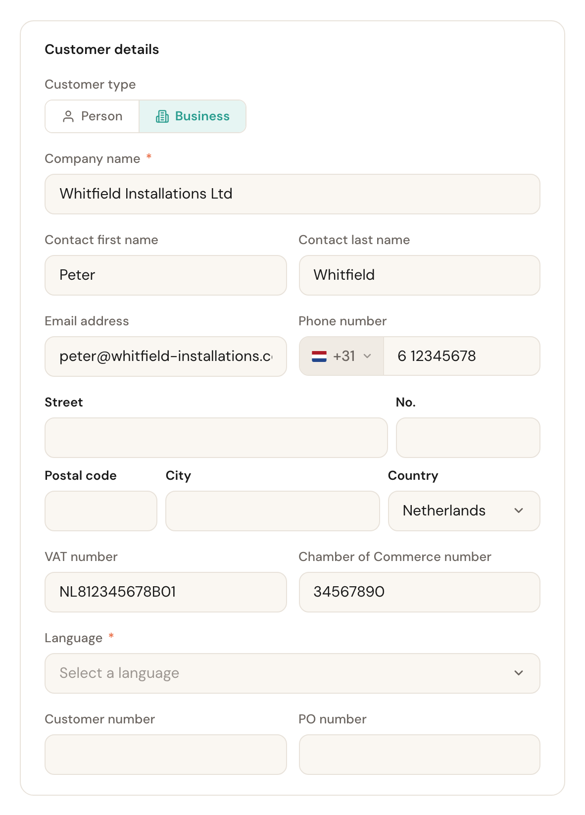 The same form set to Business: company name, contact person, VAT and Chamber of Commerce number.