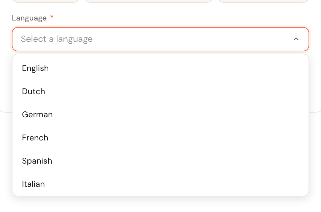 The open language picker showing six languages.