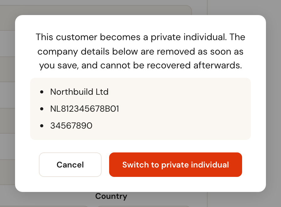 The confirmation: this customer becomes a private individual, the company details below are removed as soon as you save — the company name, VAT number and Chamber of Commerce number — with Cancel and Switch to private individual.