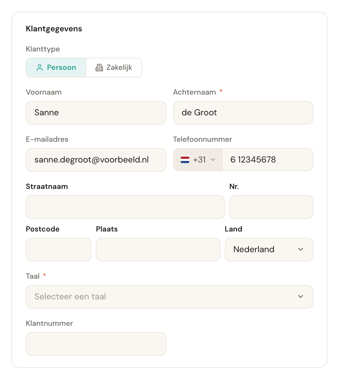 Het ingevulde klantformulier voor een particuliere klant.