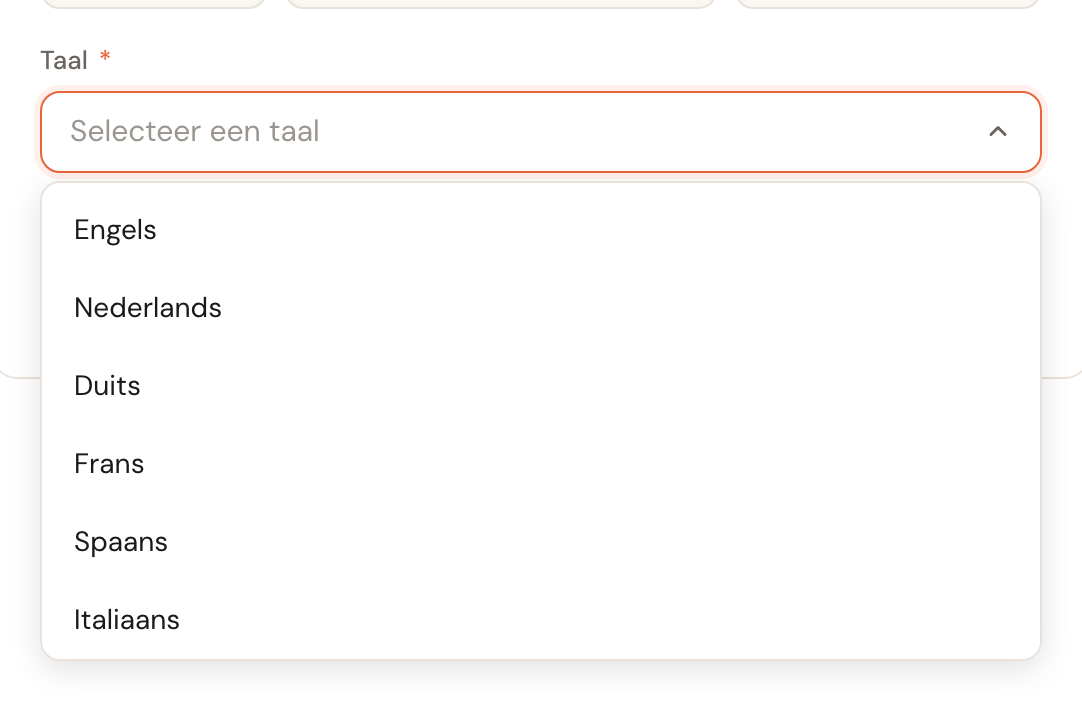 De geopende taalkeuze met zes talen.