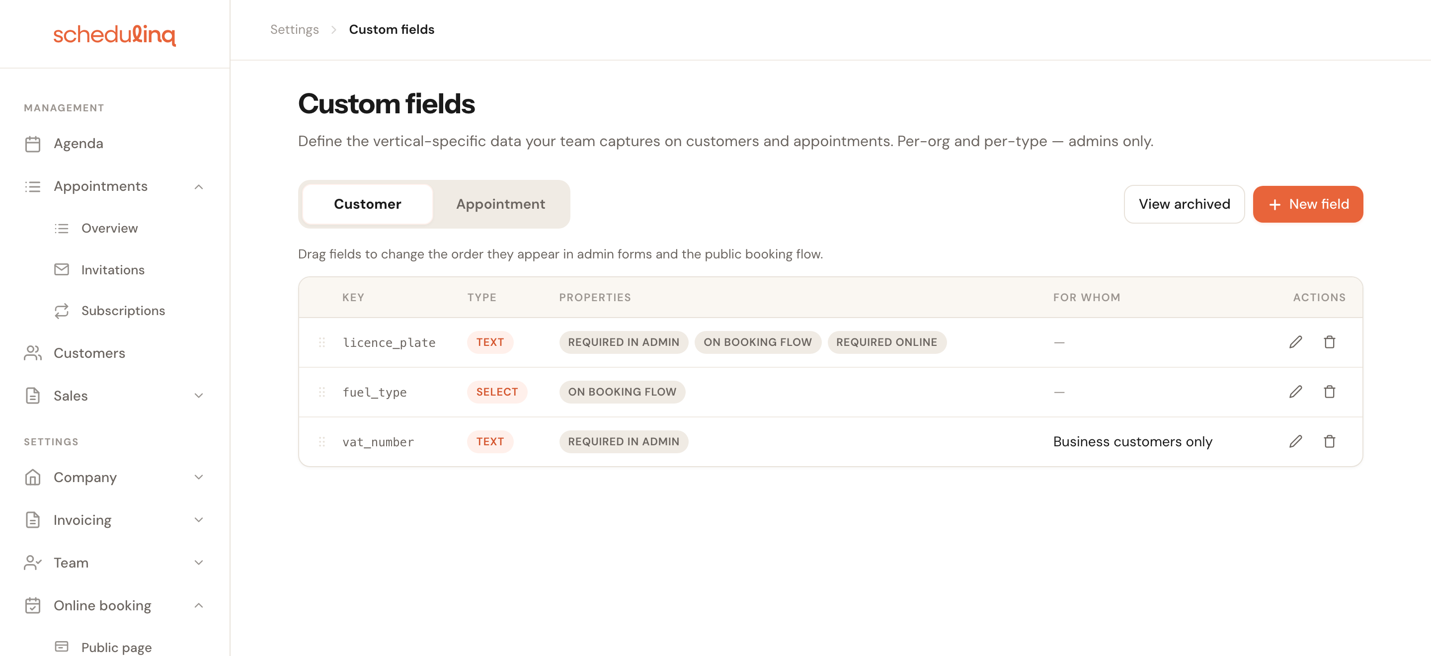 The Custom fields overview with three customer fields and their properties.