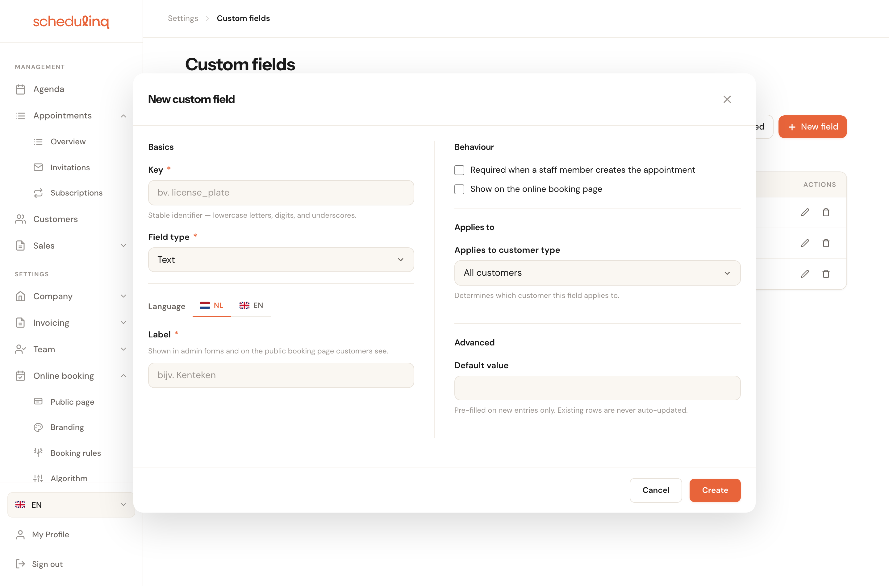 The New custom field dialog with the Basics, Behaviour, Applies to and Advanced blocks.