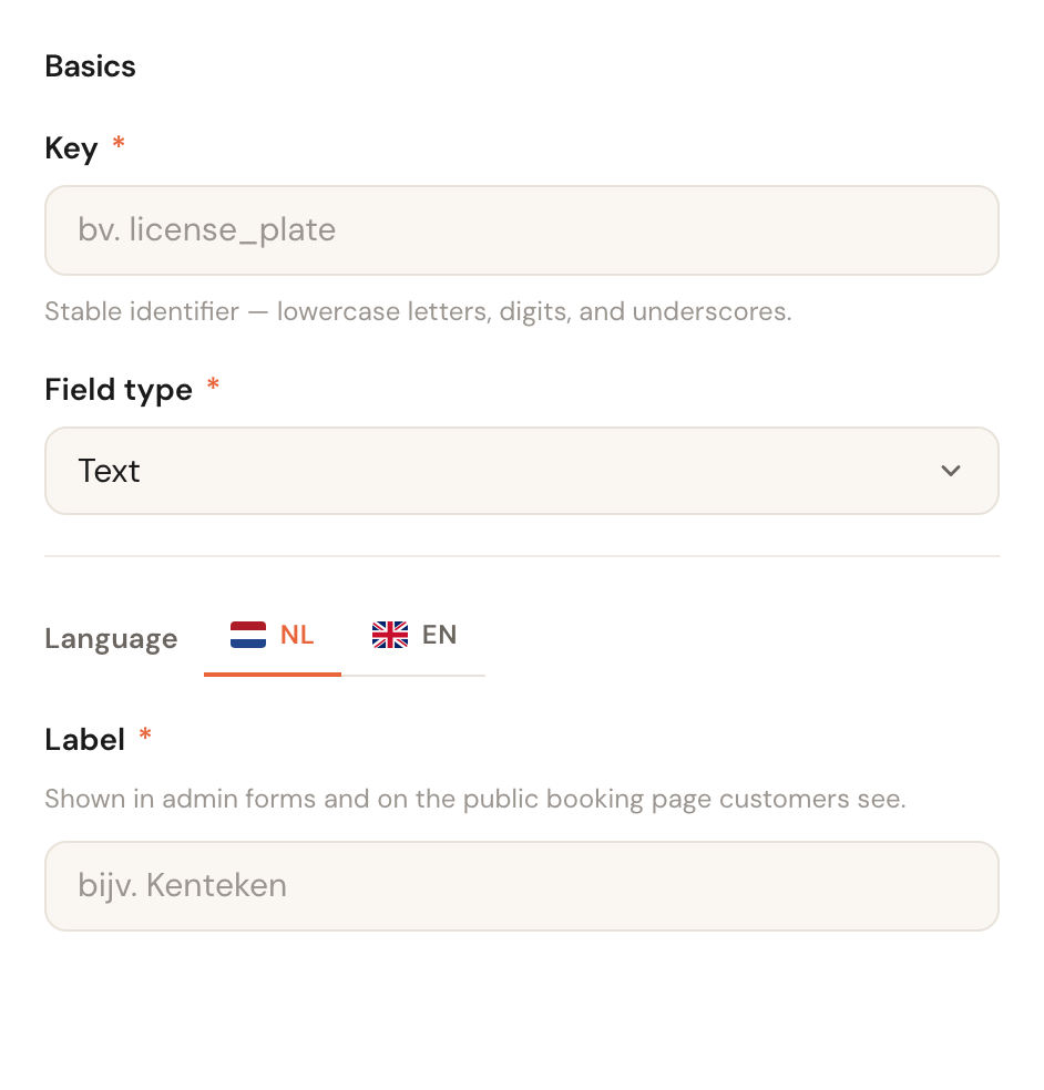 The Basics block with the Key, Field type and Label fields.