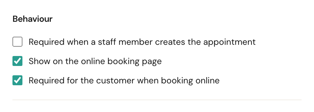 The Behaviour block with three checkboxes.