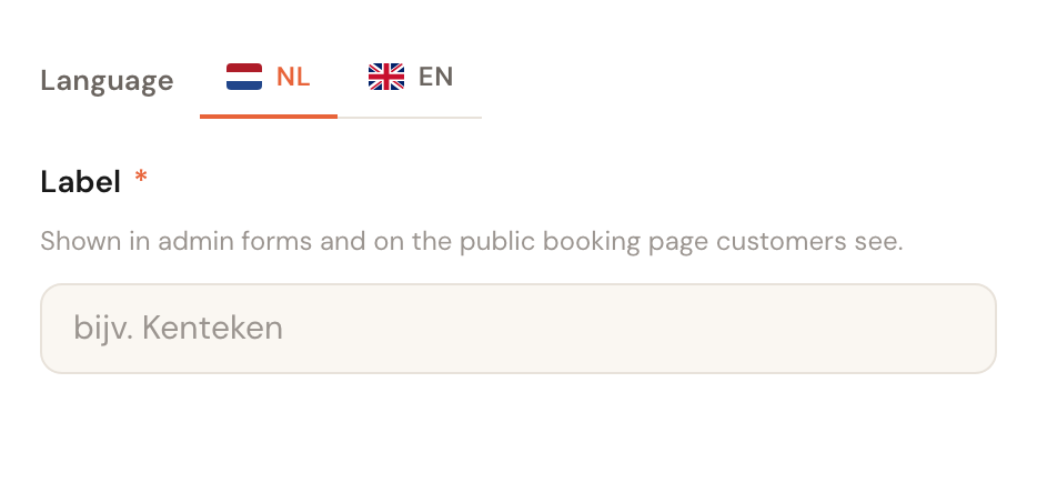 The language bar above the label field, with NL and EN tabs.