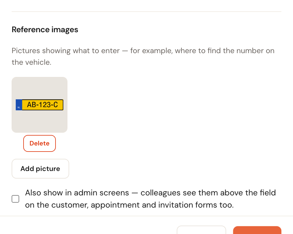 The Reference images block with one added photo of a licence plate, the Delete button under it, the Add picture button and underneath it the box Also show in admin screens.