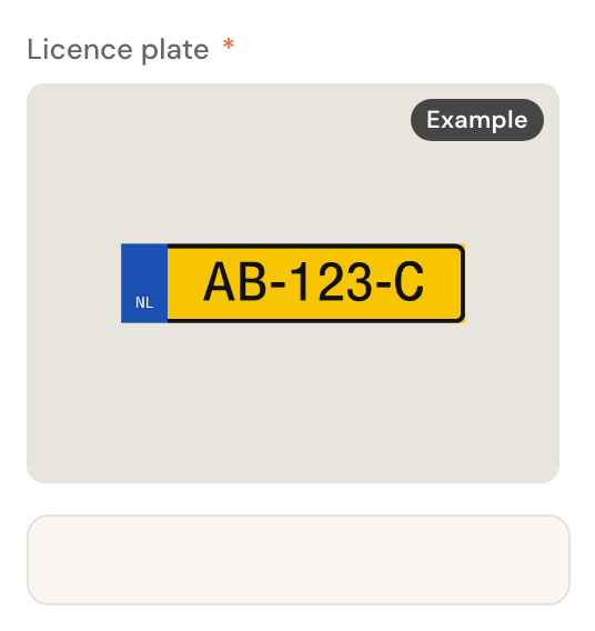 The Licence plate field on the customer form, with a tile above it showing the example photo and the label Example.