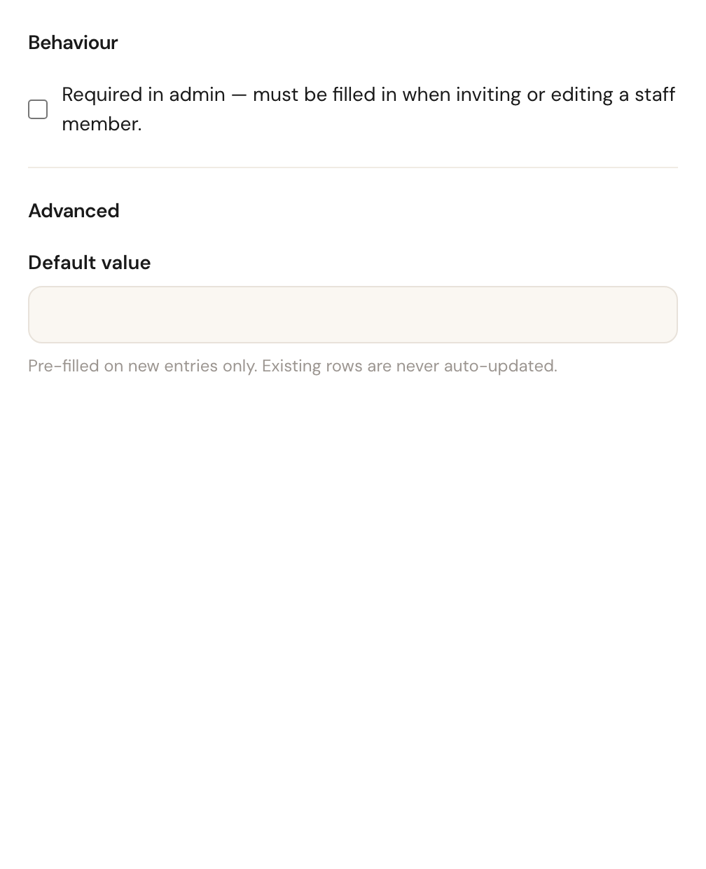The right-hand column of a new staff member field: no booking options and no reference images, only what applies to every field.