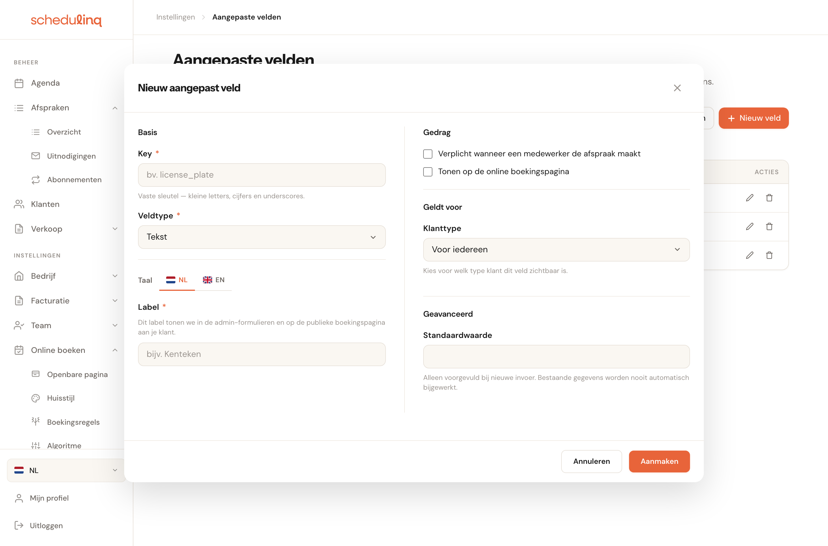 Het venster Nieuw aangepast veld met de blokken Basis, Gedrag, Geldt voor en Geavanceerd.