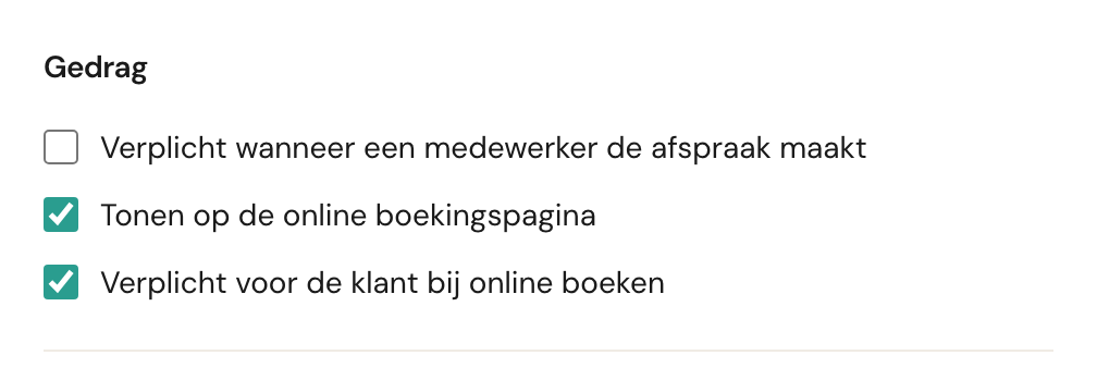 Het blok Gedrag met drie aanvinkopties.